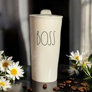 Rae Dunn White Ceramic Boss Coffee Tea Travel Tumbler Mug